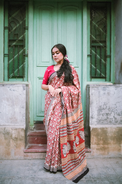 Brick Red Bagru Saree - Handblock Print Natural Dyed - Mulmul Cotton Saree
