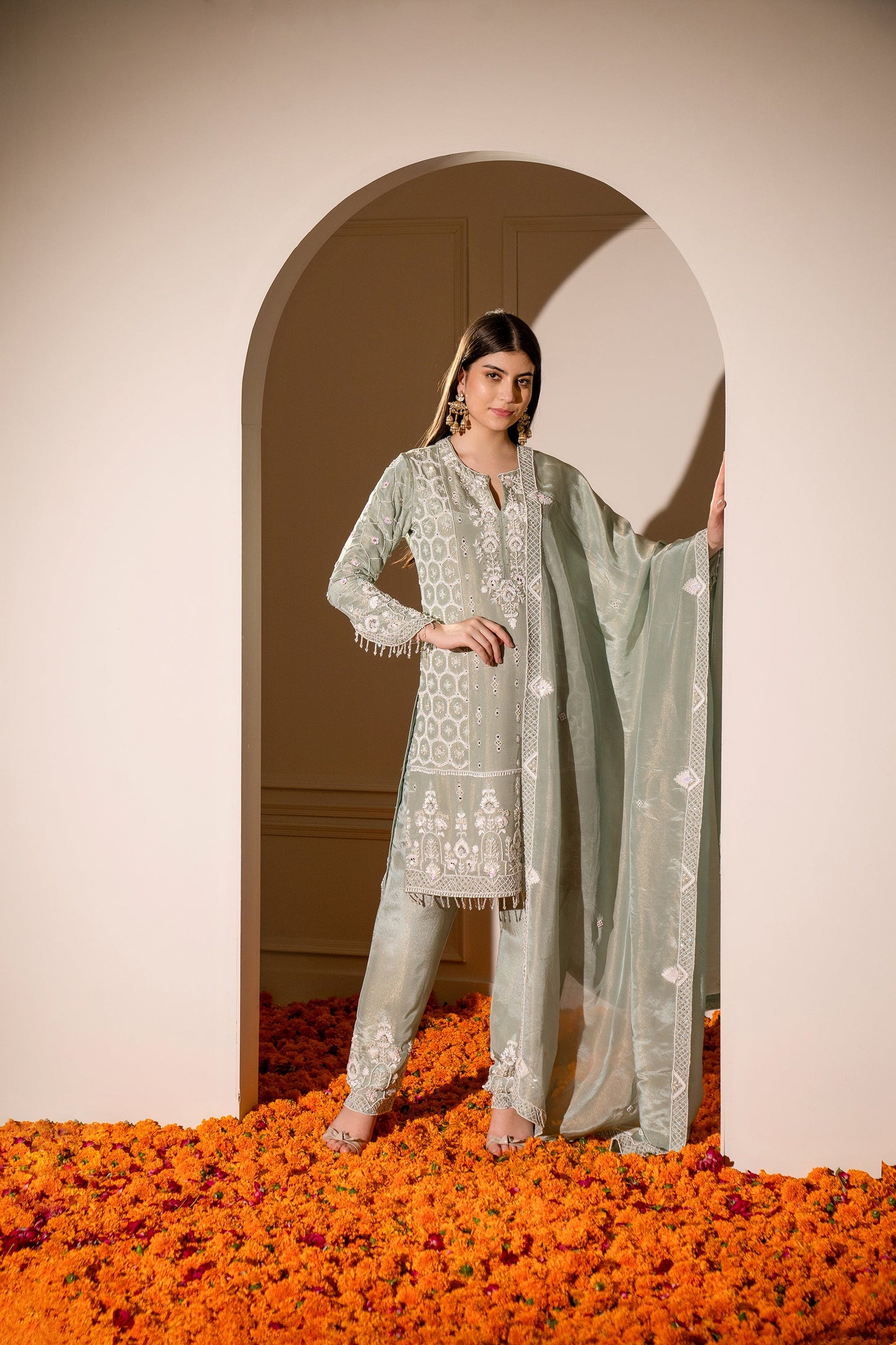 Pastel Sage Green Satin Silk Hand Embroidered Pajami Suit.