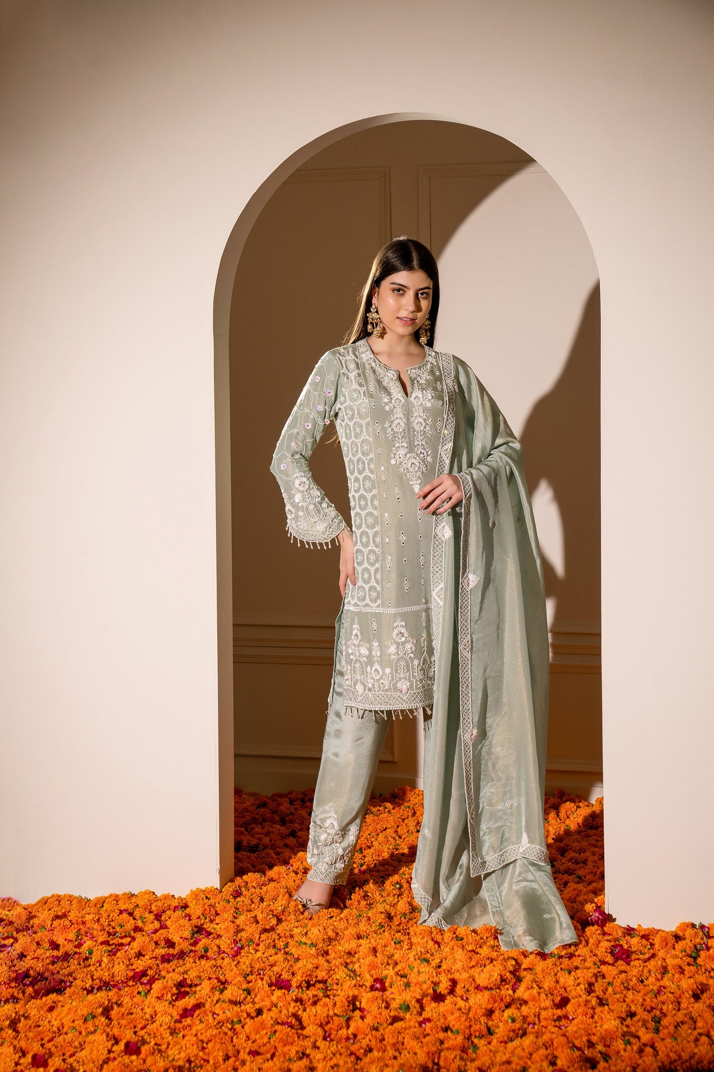 Pastel Sage Green Satin Silk Hand Embroidered Pajami Suit.
