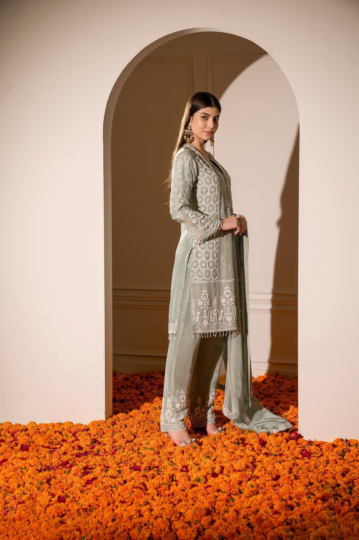 Pastel Sage Green Satin Silk Hand Embroidered Pajami Suit.