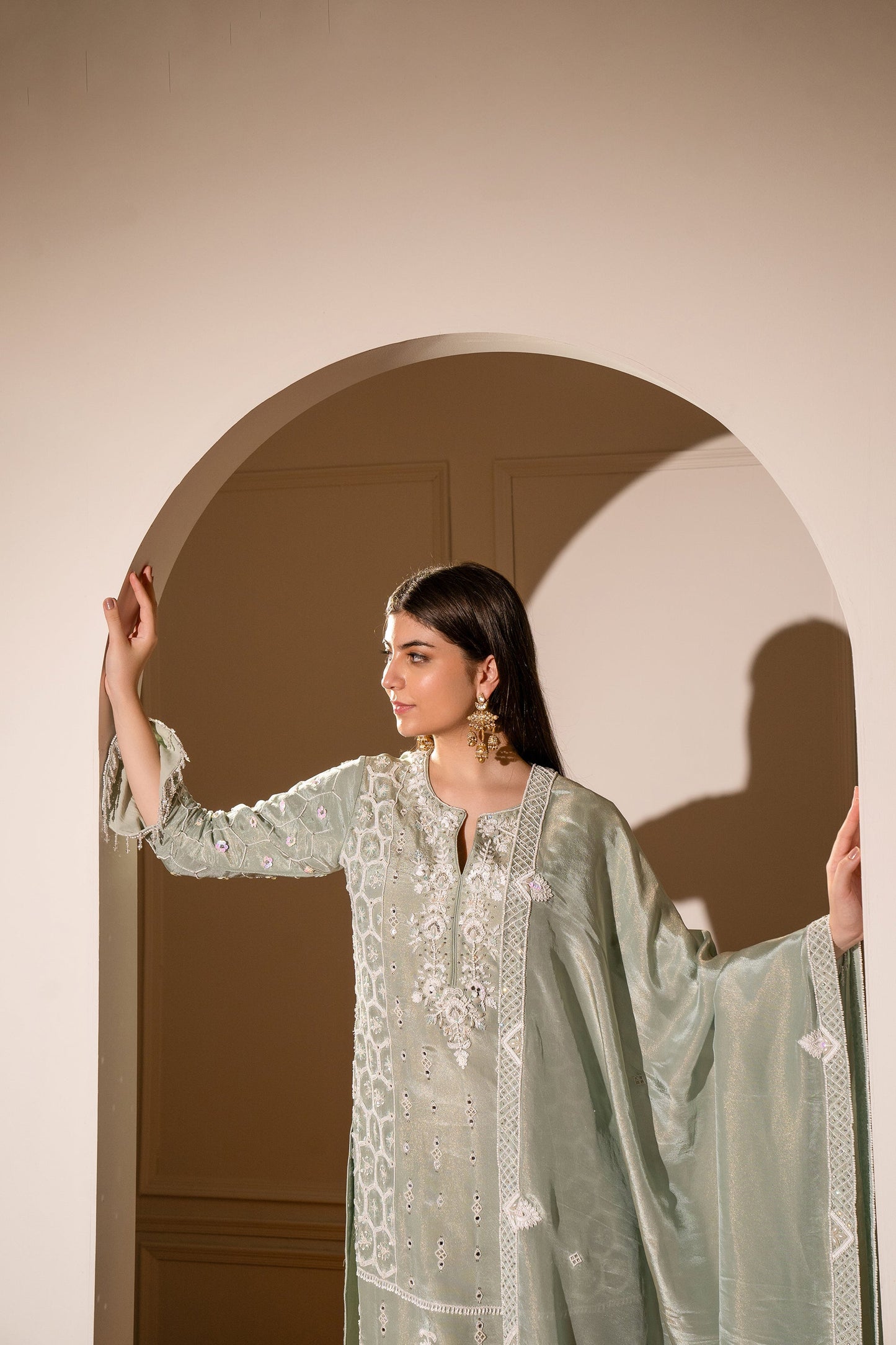 Pastel Sage Green Satin Silk Hand Embroidered Pajami Suit.