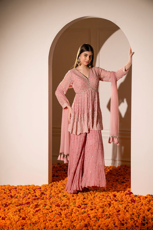 Flamingo Pink Georgette Indo western with machine and handwork