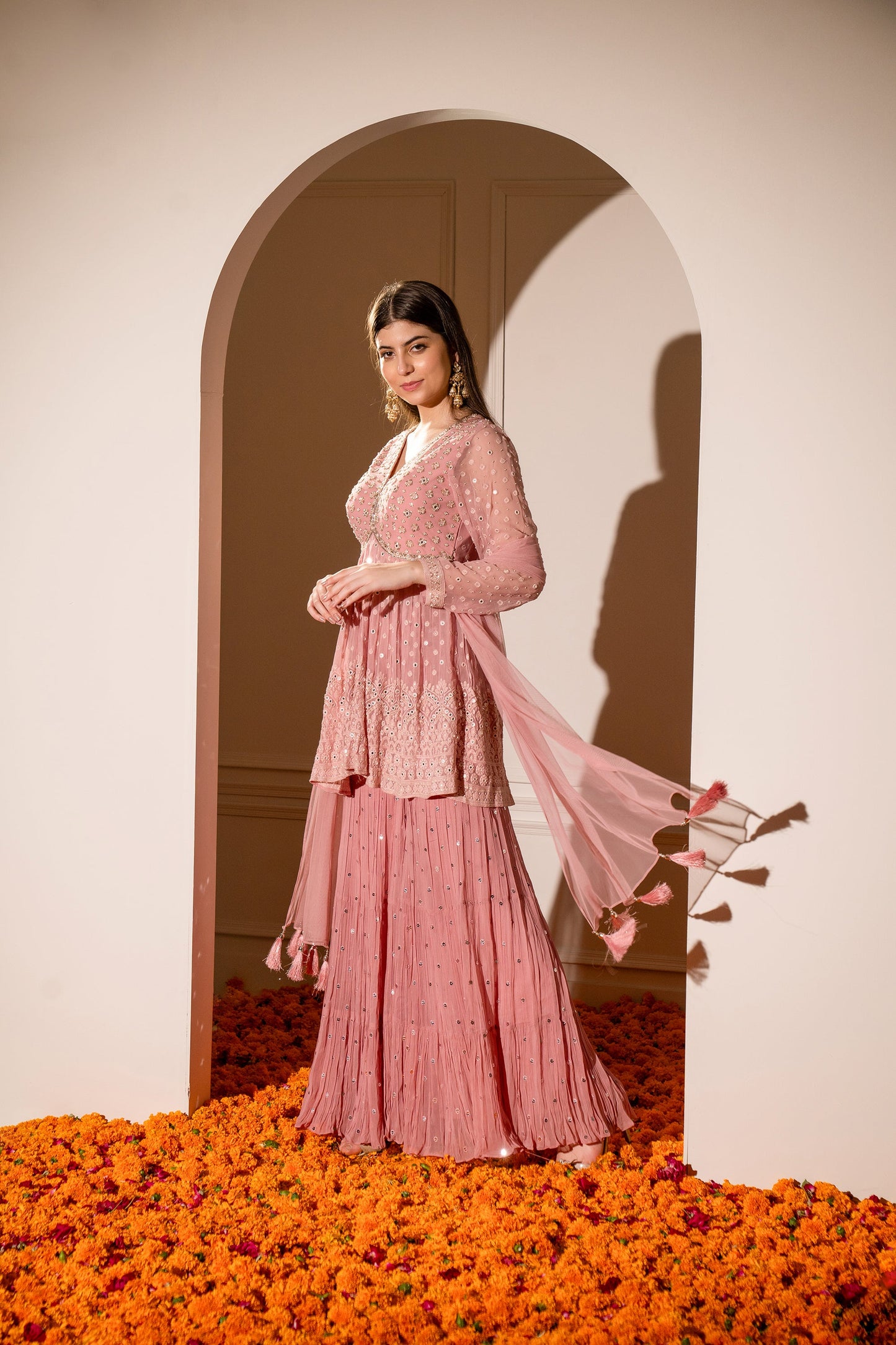 Flamingo Pink Georgette Indo western with machine and handwork