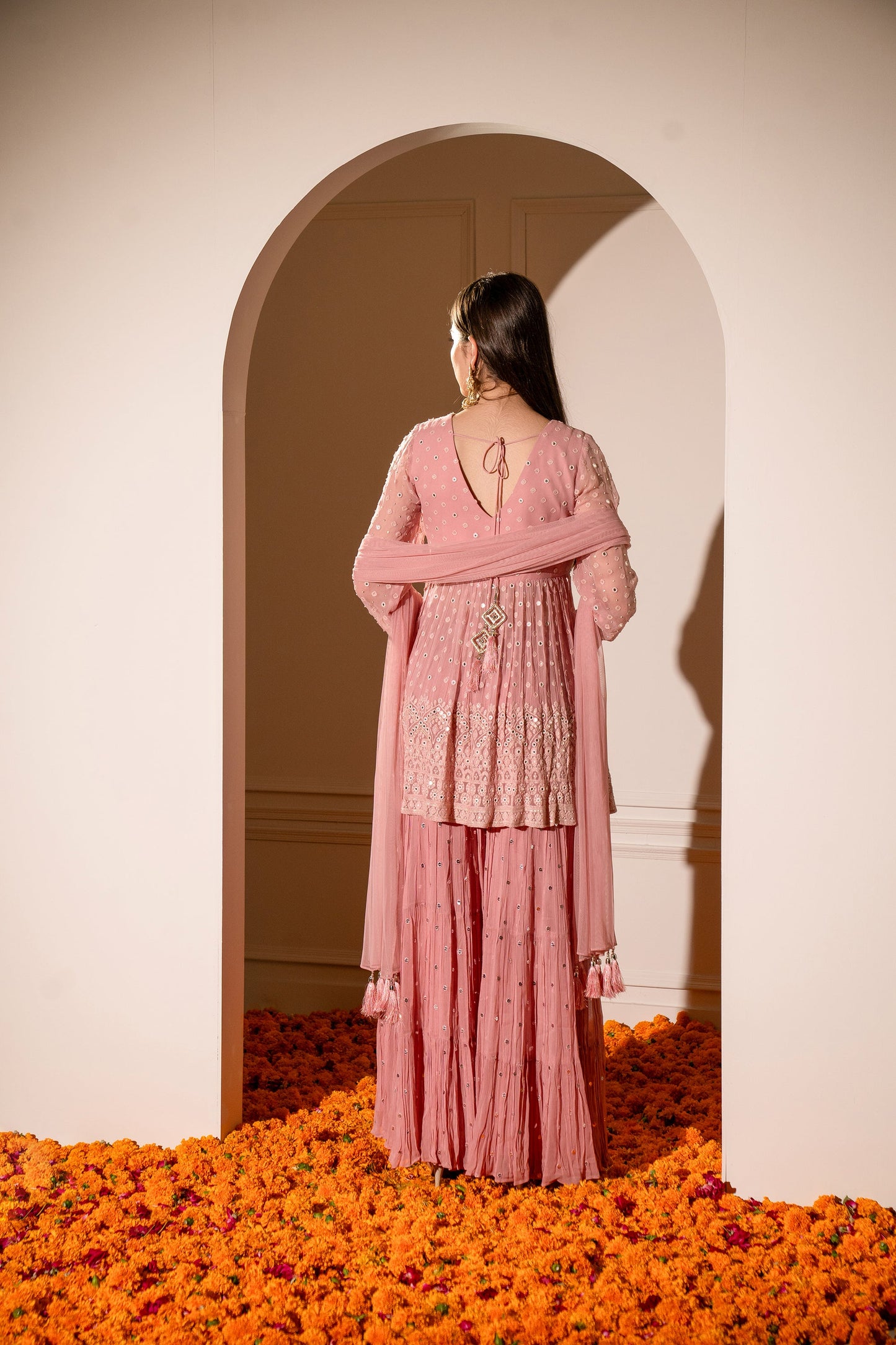 Flamingo Pink Georgette Indo western with machine and handwork