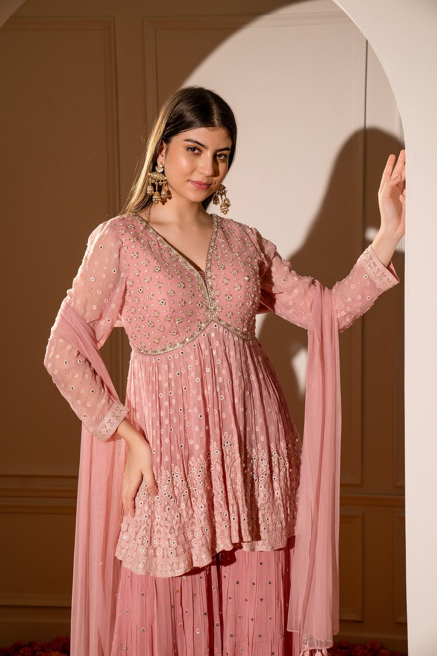 Flamingo Pink Georgette Indo western with machine and handwork