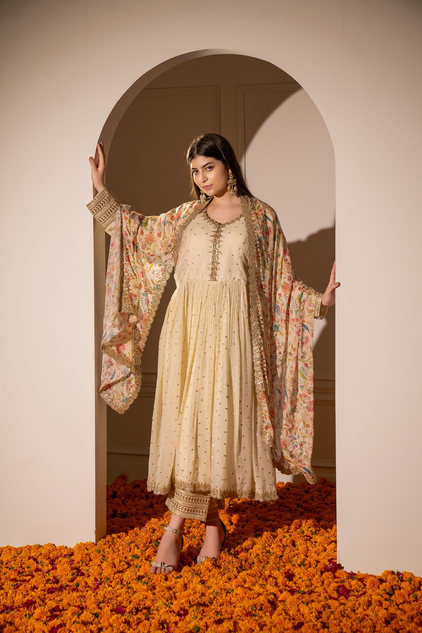 Cream Beige Soft Silk Gown with Polka Mirrors