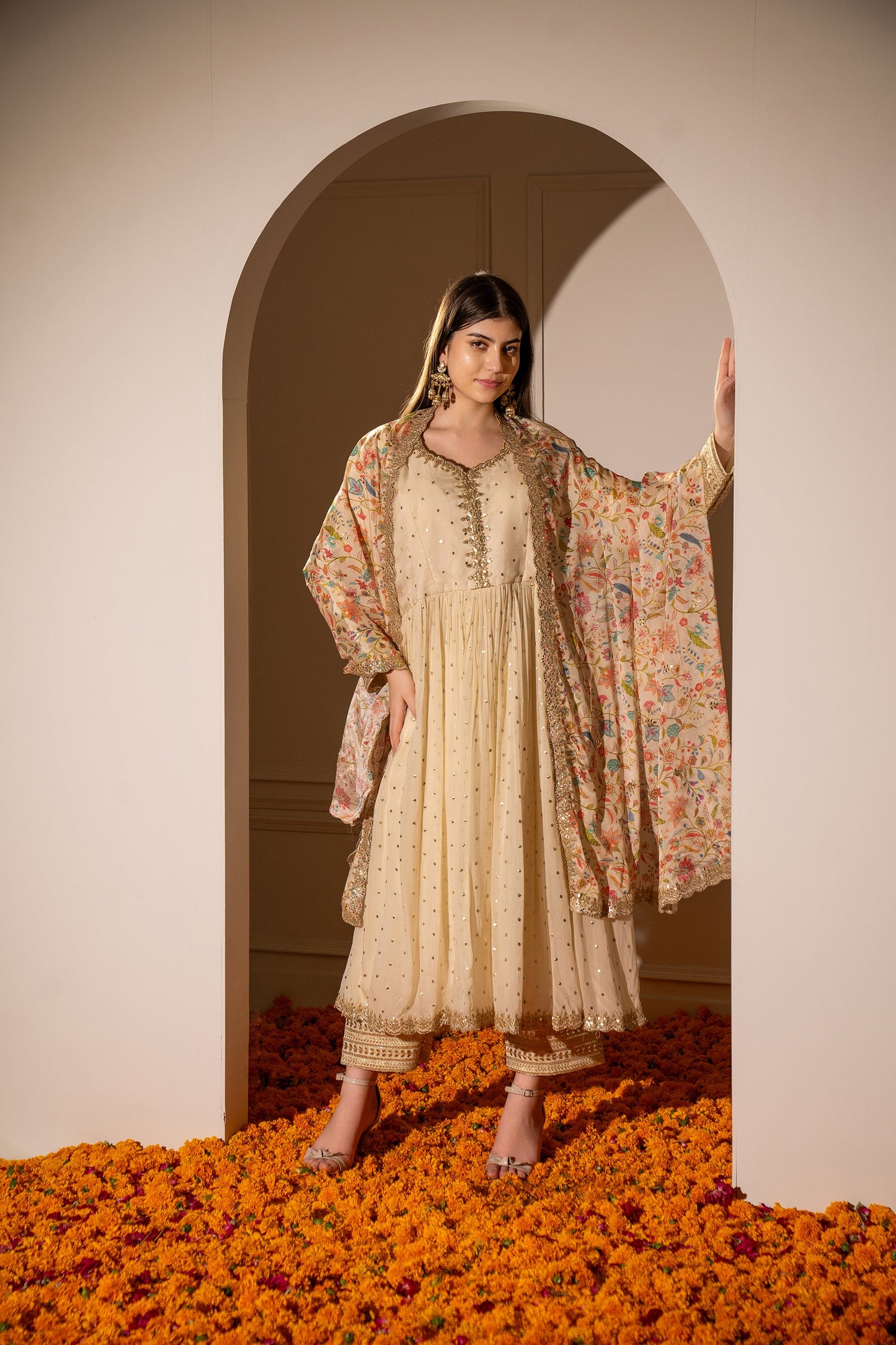 Cream Beige Soft Silk Gown with Polka Mirrors