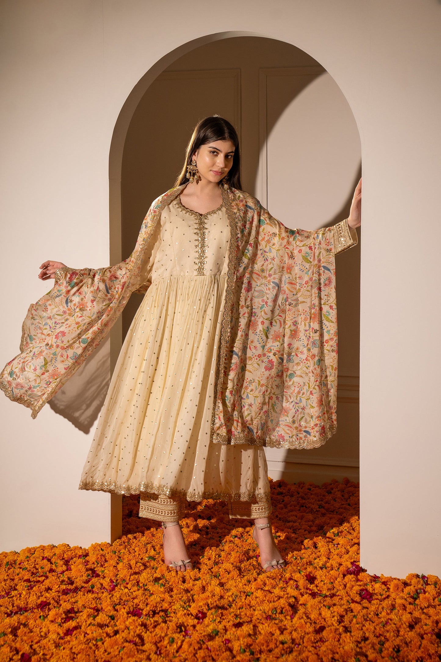 Cream Beige Soft Silk Gown with Polka Mirrors