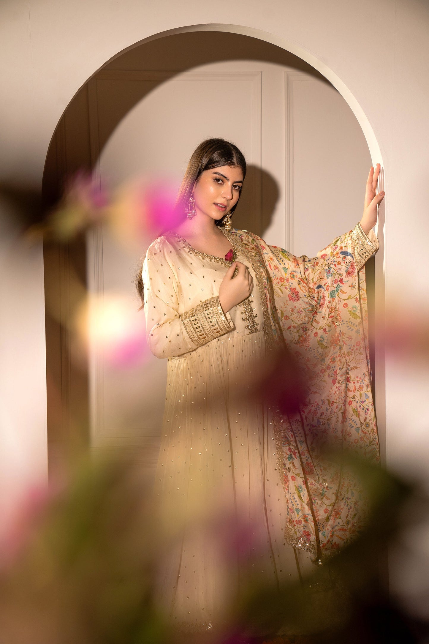 Cream Beige Soft Silk Gown with Polka Mirrors