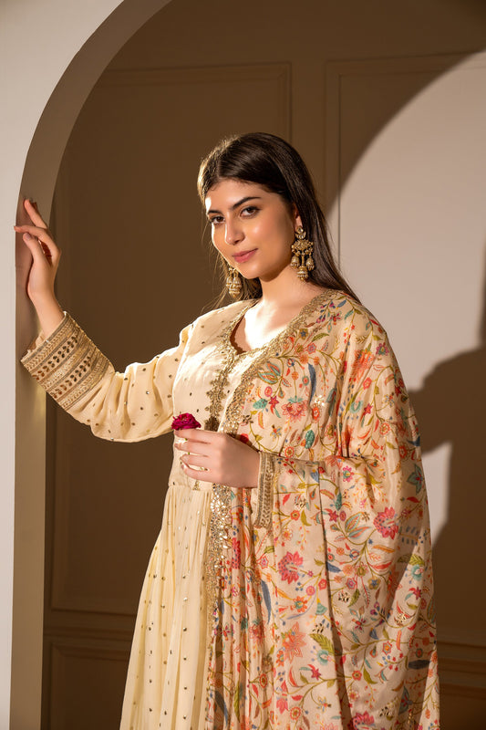 Cream Beige Soft Silk Gown with Polka Mirrors