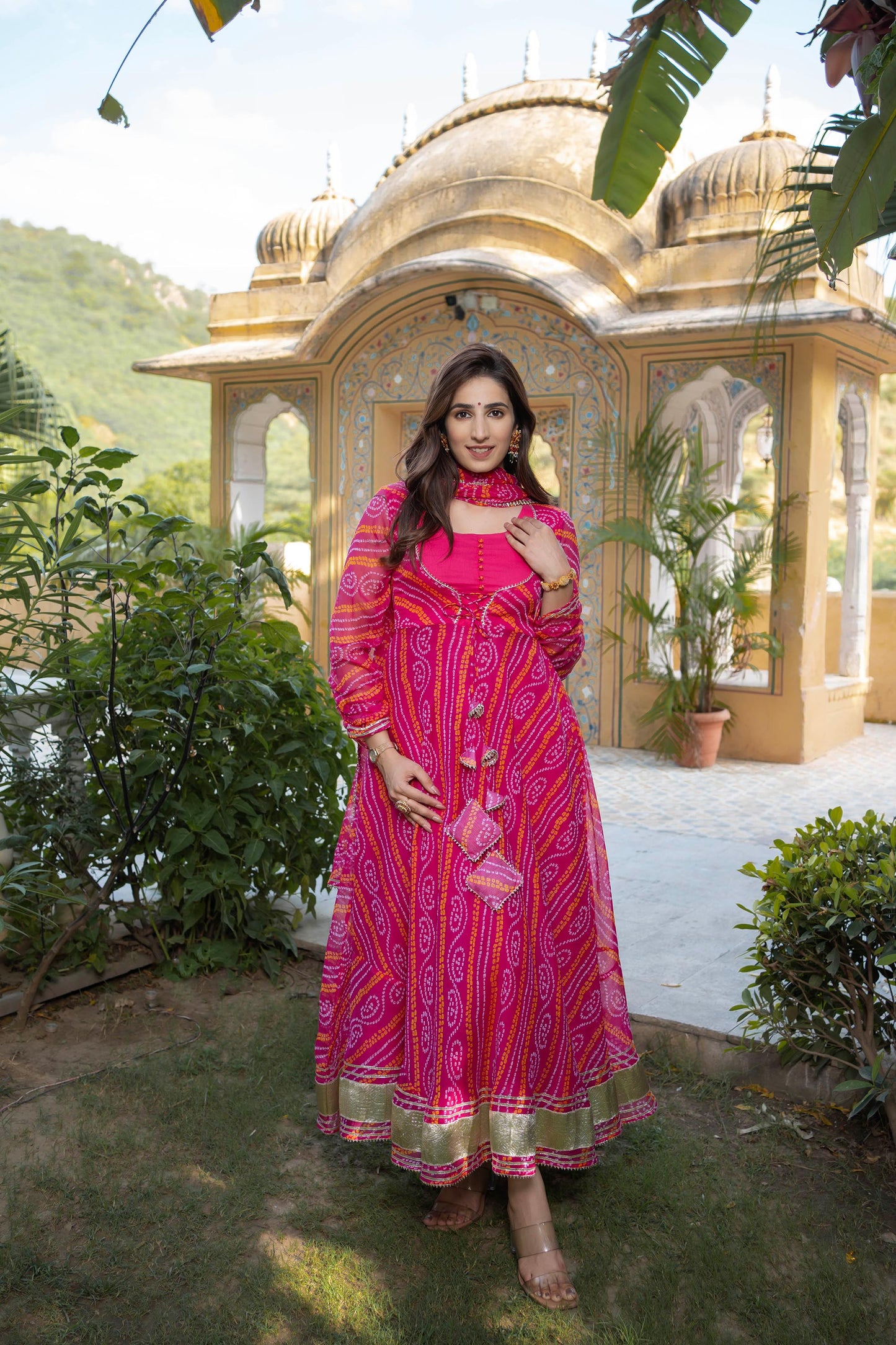 Fuchsia pink Gulabo Pure Chiffon Bandhani Suit Set