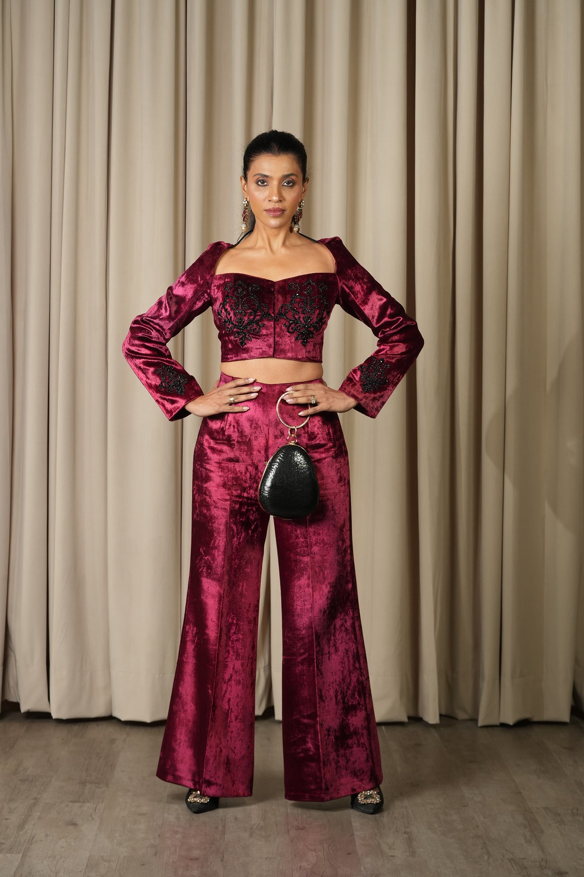 Moulin Rouge Deep Wine Hand Embroidered Velvet Co-ord Set