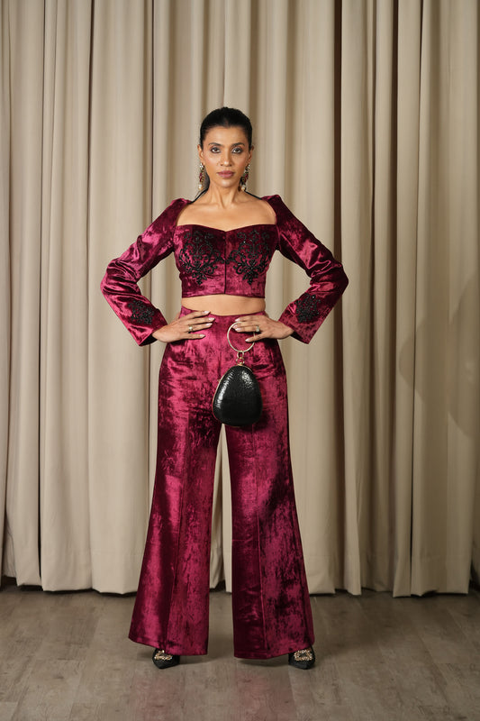 Moulin Rouge Deep Wine Hand Embroidered Velvet Co-ord Set
