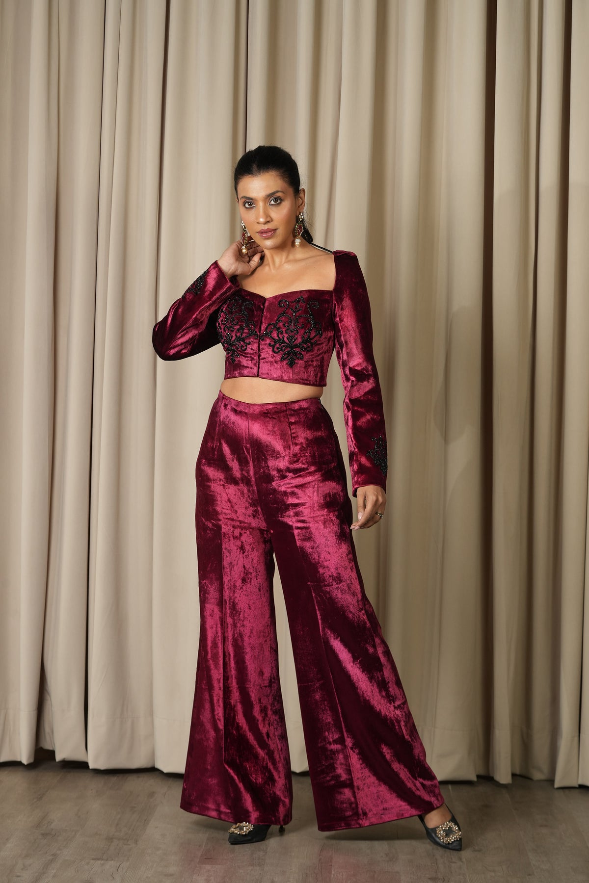 Moulin Rouge Deep Wine Hand Embroidered Velvet Co-ord Set