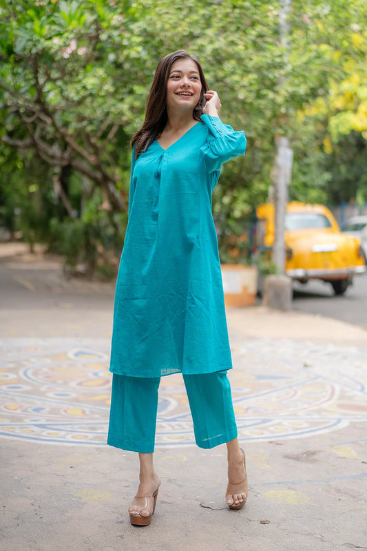 Turquoise Blue Pure Cotton Co-ord Set