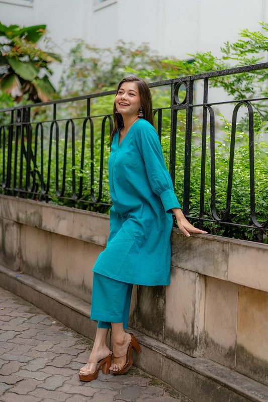 Turquoise Blue Pure Cotton Co-ord Set
