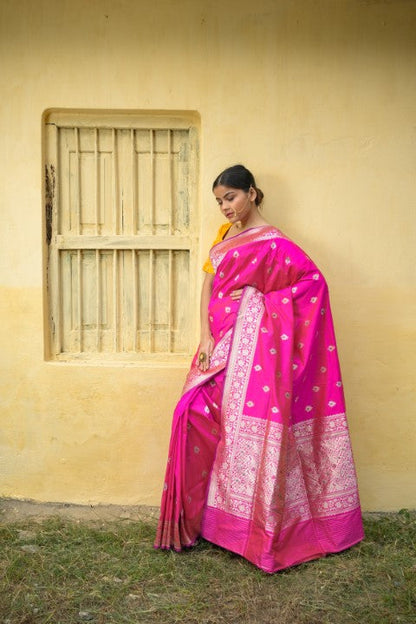 Rani Pink Katan Pure Silk Kadwa Saree - Panaya