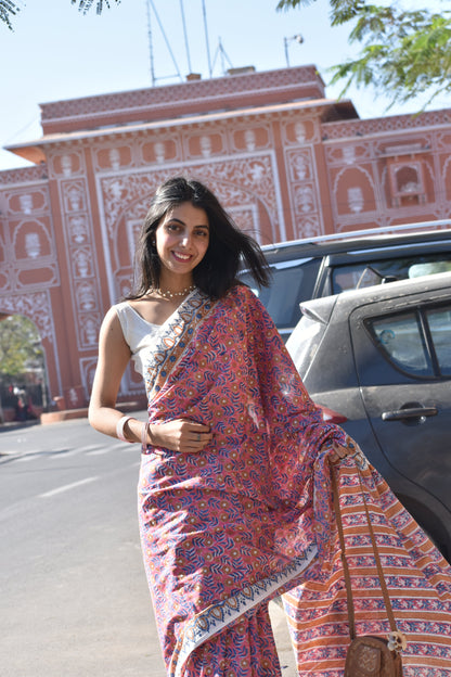 Gulabi Peher - A Blush of Timeless Elegance in Every Drape - Handblock Print Natural Dyed - Mulmul Cotton Saree