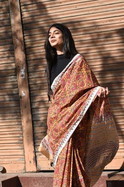 Peeli Dhoop - Sun-Kissed Elegance - Handblock Print Natural Dyed - Mulmul Cotton Saree