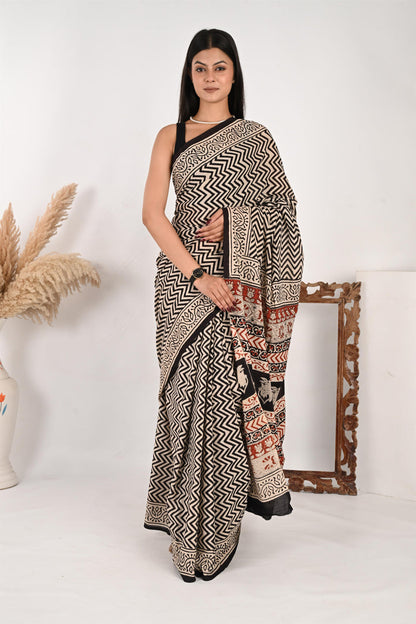 On Duty Drape - Handblock Print Natural Dyed - Mulmul Cotton Saree