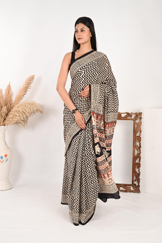 On Duty Drape - Handblock Print Natural Dyed - Mulmul Cotton Saree