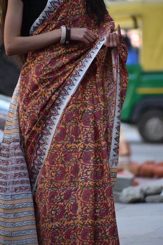Peeli Dhoop - Sun-Kissed Elegance - Handblock Print Natural Dyed - Mulmul Cotton Saree