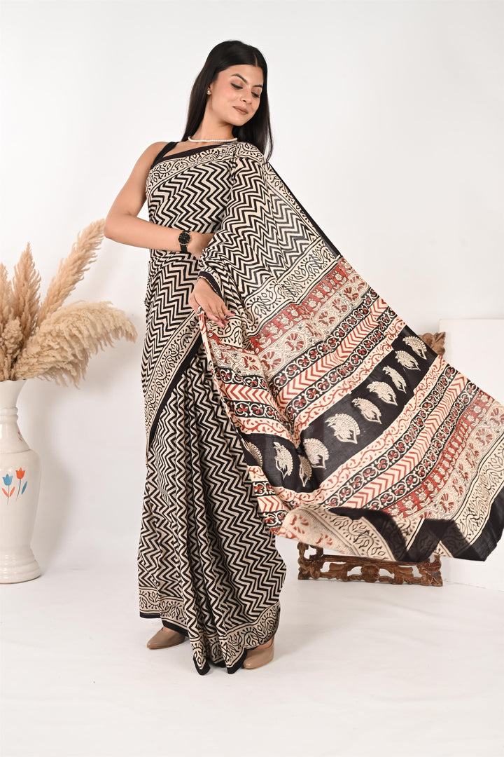 On Duty Drape - Handblock Print Natural Dyed - Mulmul Cotton Saree