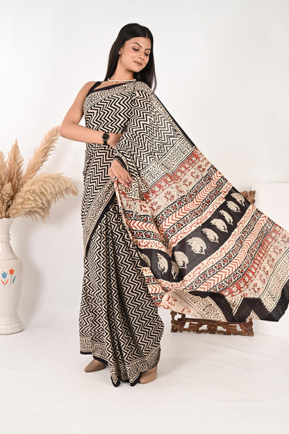 On Duty Drape - Handblock Print Natural Dyed - Mulmul Cotton Saree
