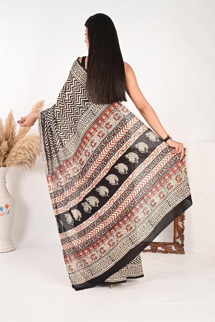 On Duty Drape - Handblock Print Natural Dyed - Mulmul Cotton Saree