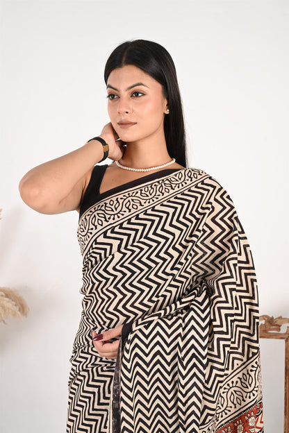On Duty Drape - Handblock Print Natural Dyed - Mulmul Cotton Saree