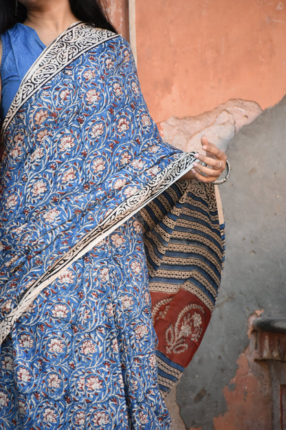 Shaam Mastani - A Symphony of Twilight Elegance - Handblock Print Natural Dyed - Mulmul Cotton Saree