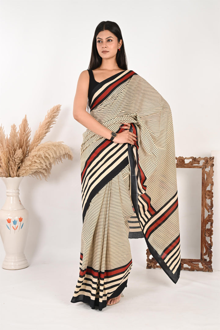 Endless Timesheet - Handblock Print Natural Dyed - Mulmul Cotton Saree