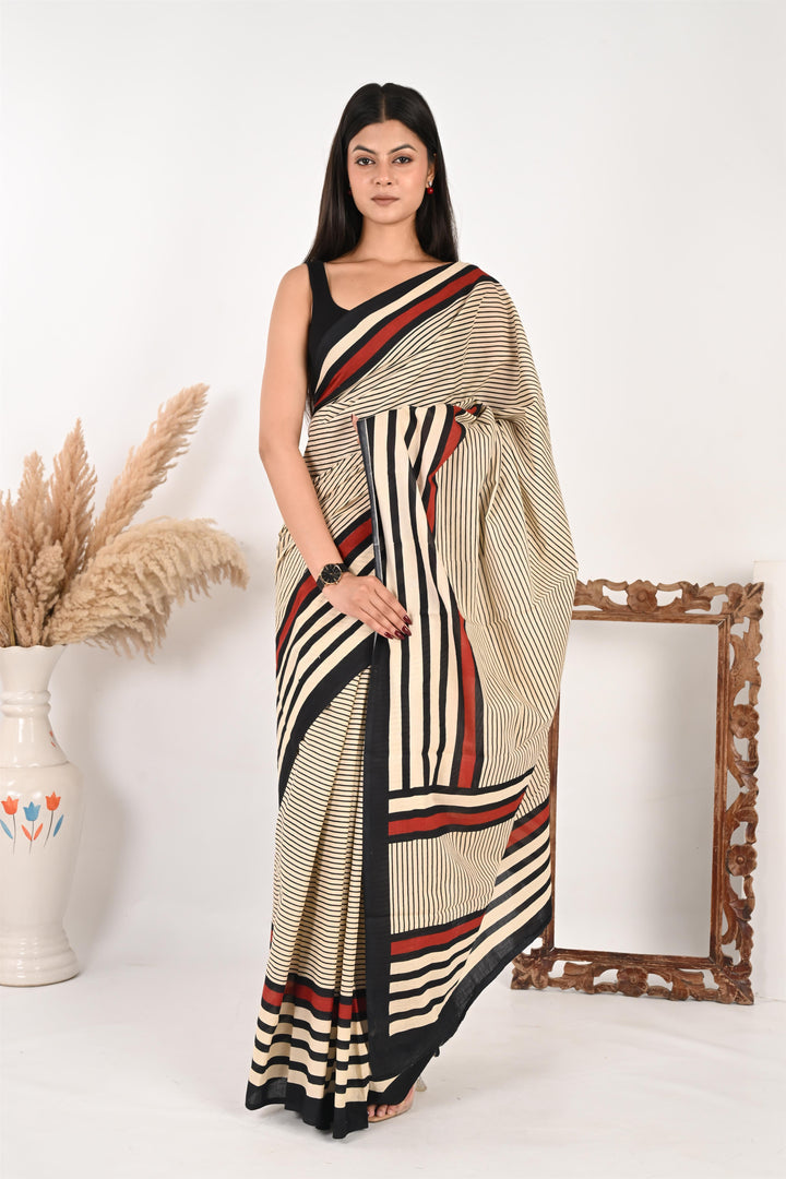 Endless Timesheet - Handblock Print Natural Dyed - Mulmul Cotton Saree