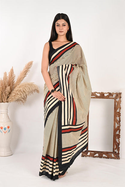 Endless Timesheet - Handblock Print Natural Dyed - Mulmul Cotton Saree