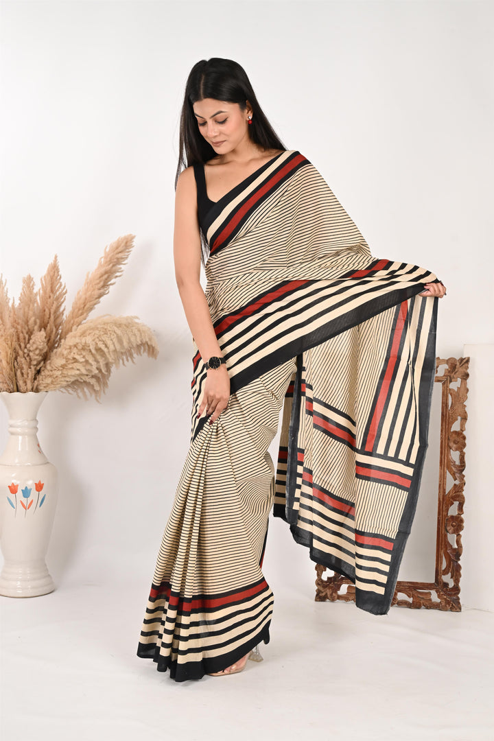 Endless Timesheet - Handblock Print Natural Dyed - Mulmul Cotton Saree