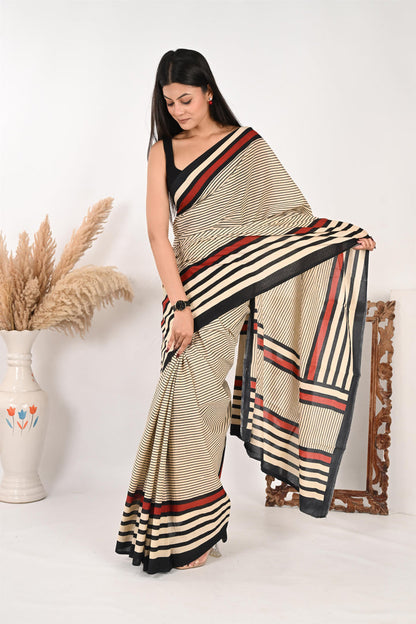 Endless Timesheet - Handblock Print Natural Dyed - Mulmul Cotton Saree