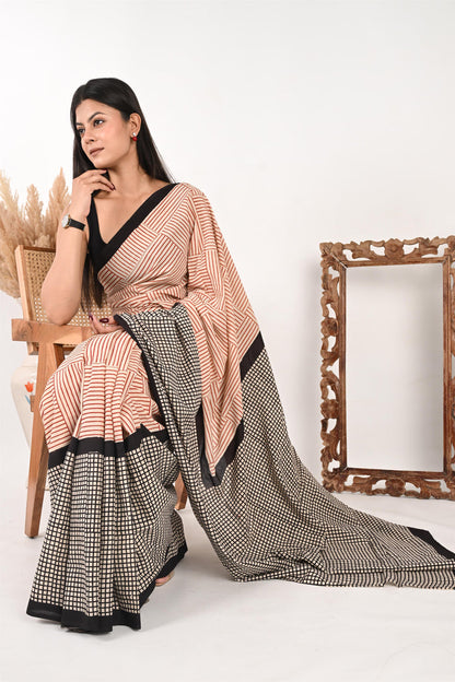 9-to-Fine - Handblock Print Natural Dyed - Mulmul Cotton Saree