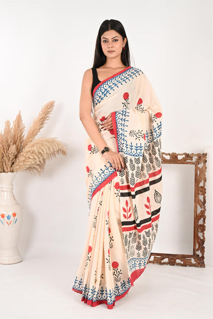 Cherry on Top – Handblock Print Mulmul Cotton Saree