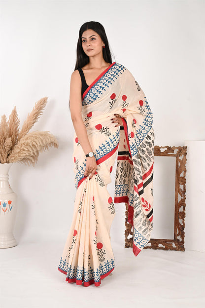 Cherry on Top – Handblock Print Mulmul Cotton Saree