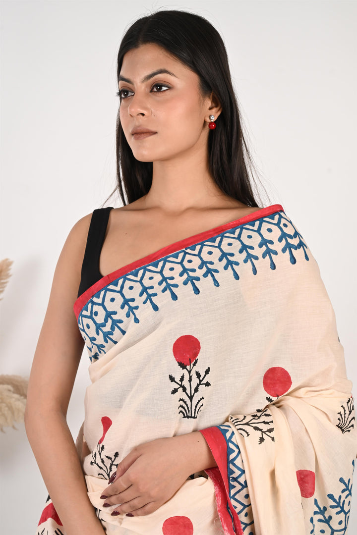 Cherry on Top – Handblock Print Mulmul Cotton Saree