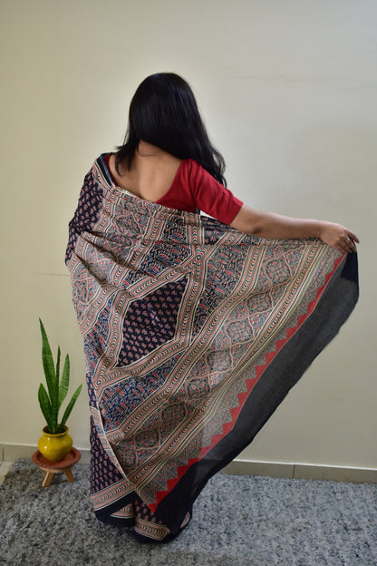 Maa-Si -  Black Ajarkh Handblock - Cotton Mulmul Handblock Saree