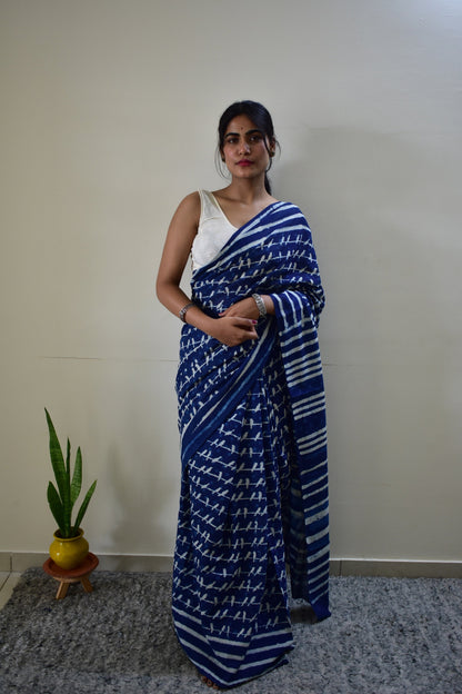 Sonchoraiya Indigo - Blue Cotton Mulmul - Handblock Dabu Saree