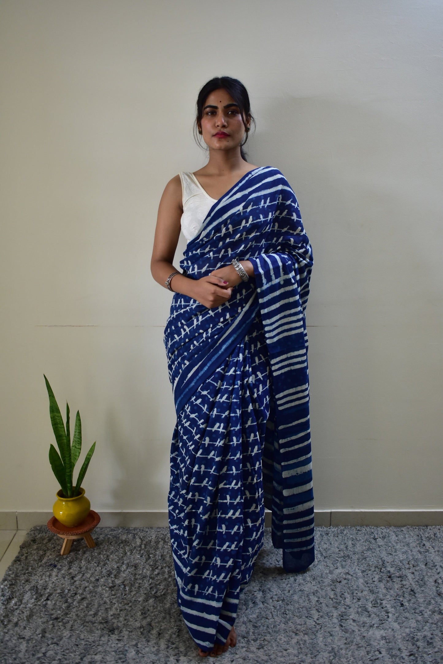 Sonchoraiya Indigo - Blue Cotton Mulmul - Handblock Dabu Saree