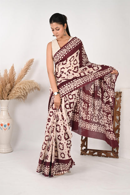 PPT(Pretty Perfect Timeless) - Batik Handblock Print Natural Dyed - Mulmul Cotton Saree