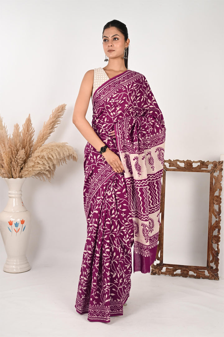 HR (Her Role) - Handblock Print Natural Dyed - Mulmul Cotton Saree