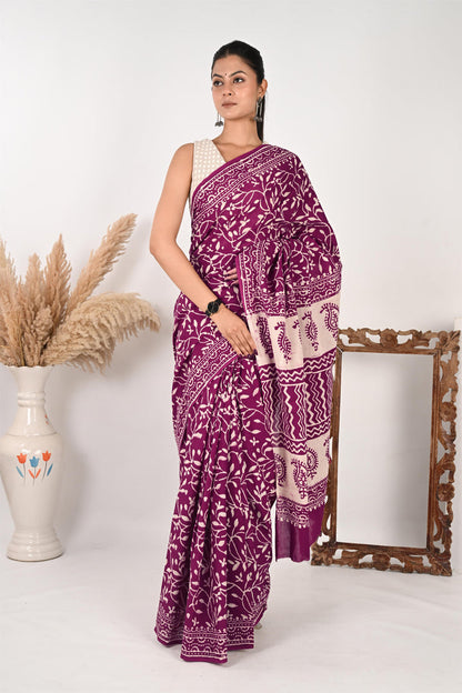 HR (Her Role) - Handblock Print Natural Dyed - Mulmul Cotton Saree