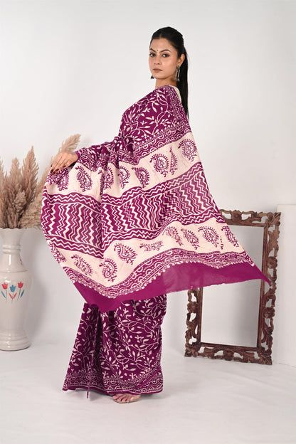 HR (Her Role) - Handblock Print Natural Dyed - Mulmul Cotton Saree