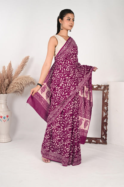 HR (Her Role) - Handblock Print Natural Dyed - Mulmul Cotton Saree