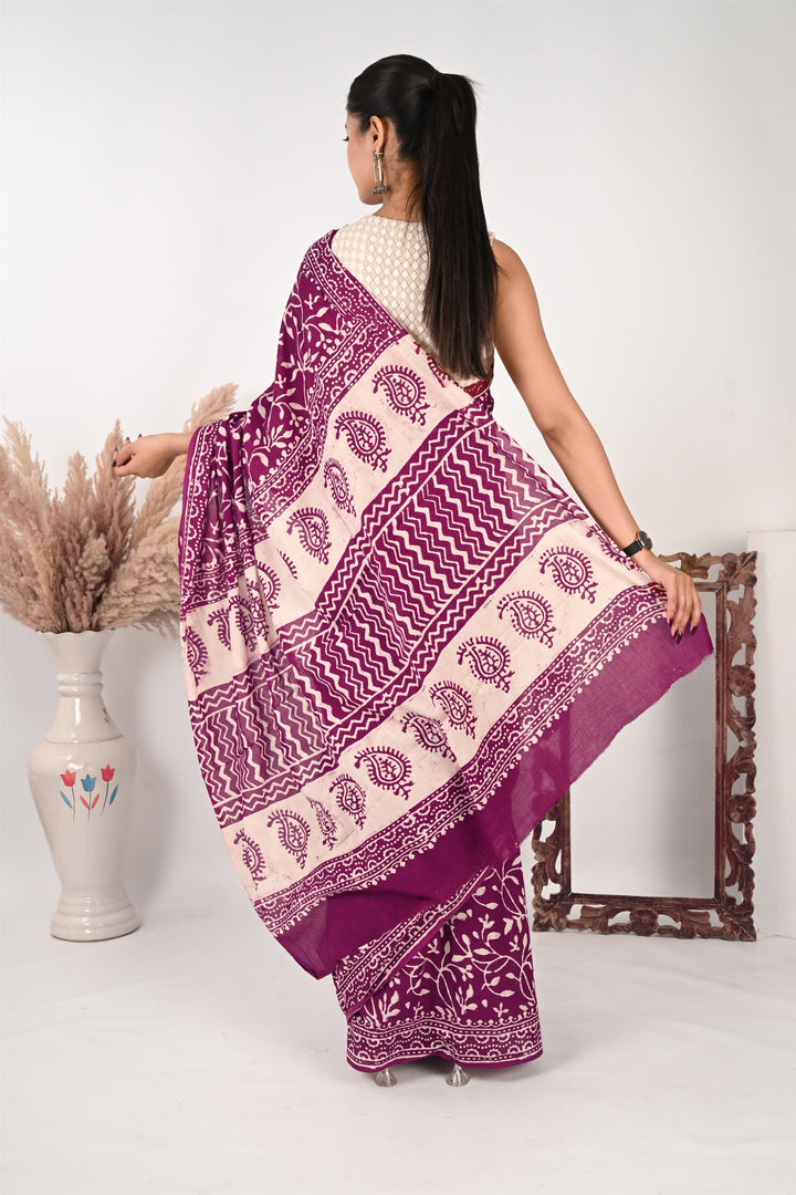 HR (Her Role) - Handblock Print Natural Dyed - Mulmul Cotton Saree