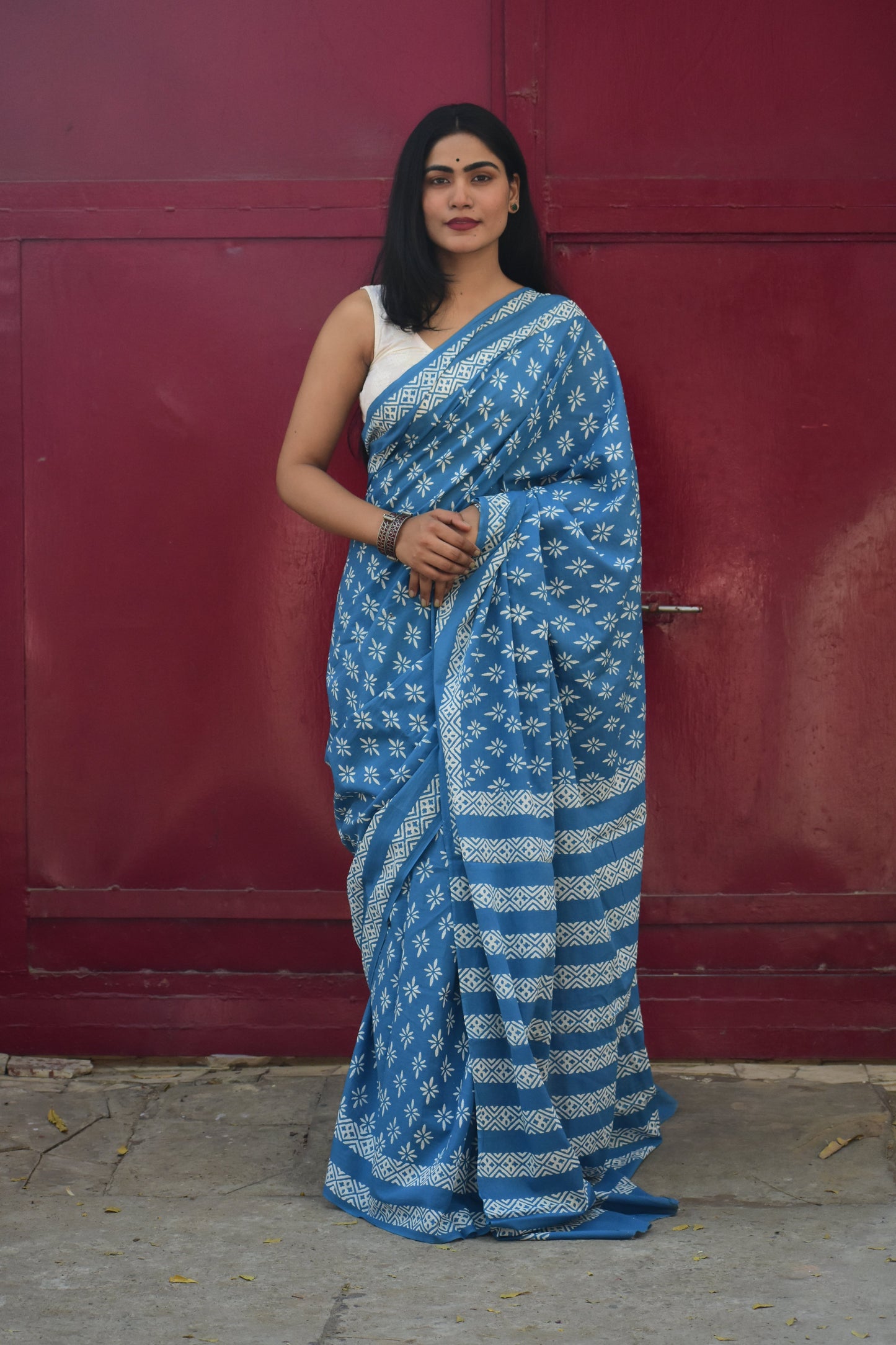 No Rules - Mulmul Cotton Block Printed Blue Saree
